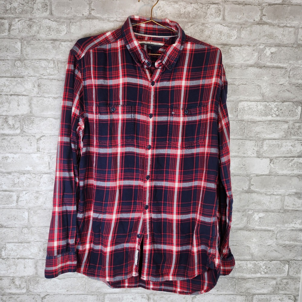 Tommy Hilfiger Shirt Plaid Flannel‎ Red Blue Casual Button Down Large